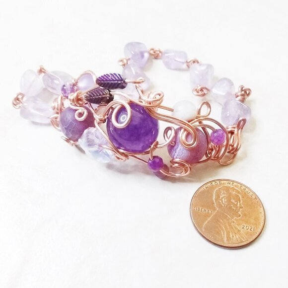 Lilac & Purple Butterfly + Gemstone Bracelet! Amethyst + Agate + WireWrap Copper - Picture 12 of 14